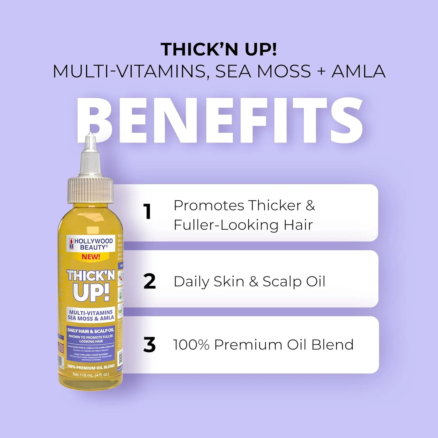 Hollywood Beauty THICK ’N UP! Multi-Vitamins, Sea Moss, & Amla Daily Hair & Scalp Oil - Image 3